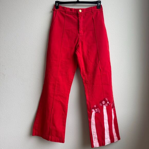 Big Bud Western Paint Stamped Mushroom Red Jean Pants Size Medium Boho Whimsical - Picture 1 of 8